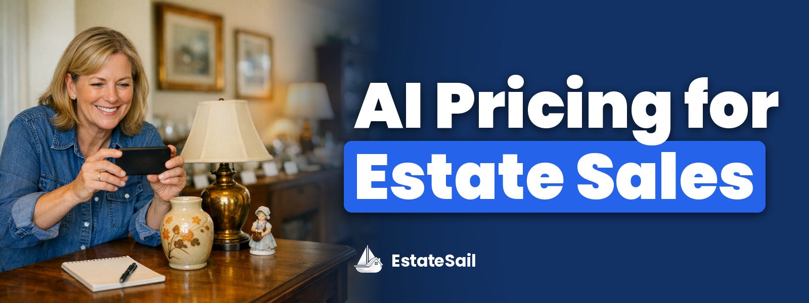 AI Pricing for Estate Sales: liquidator photographing a vintage ceramic vase with a phone for pricing at a dining table of tagged items