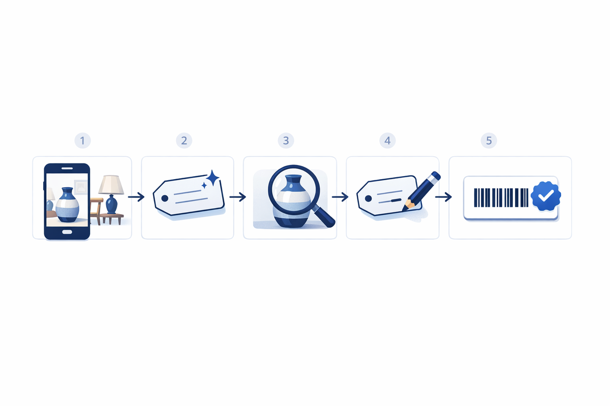 Suggest, then override flow: photo, suggested price, human review, operator override, then price and label