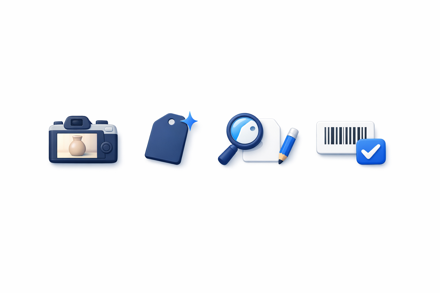 Icons for photographing an item, a suggested price, human review and override, and an approved barcoded label