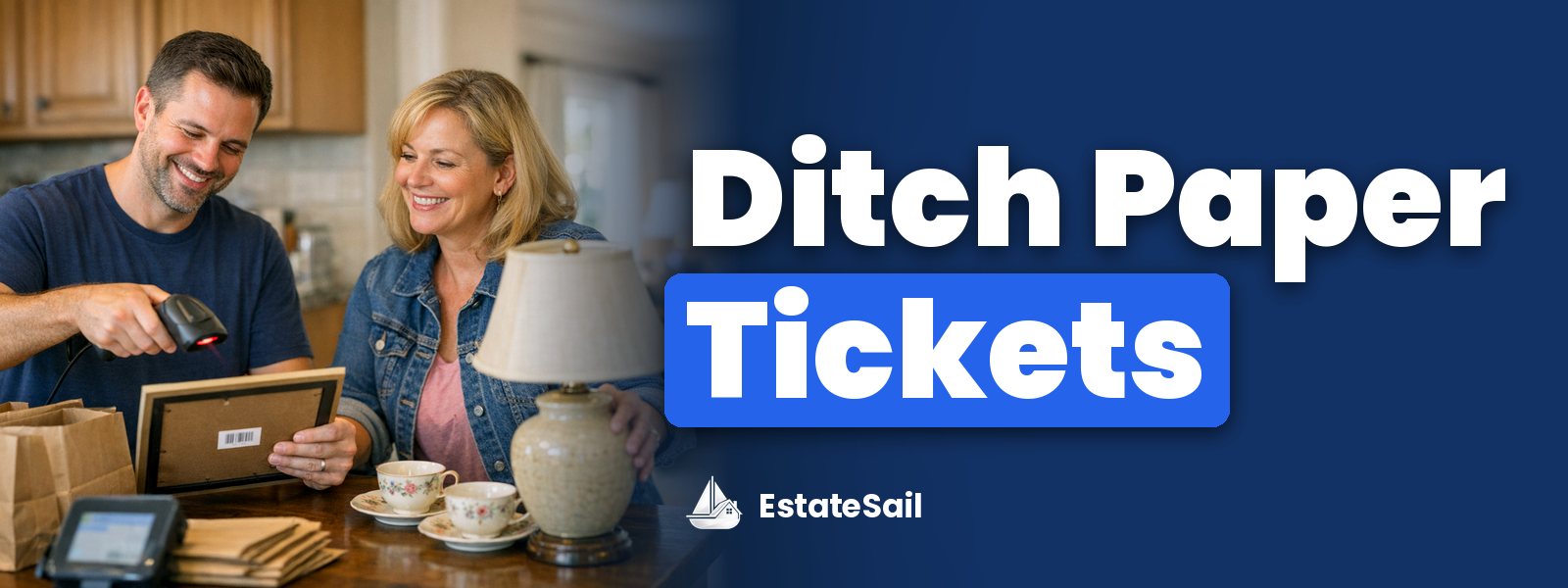 Ditch Paper Tickets: crew member scanning a barcoded label on a framed print at an estate sale checkout table