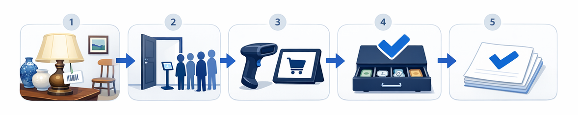 Five-step flow: a money item with a barcode label, a door check-in stand with a short queue, a scanner and tablet cart, a cash drawer reconciled once, and a finished client packet