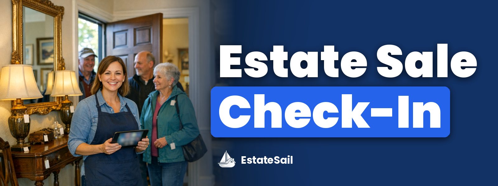 Estate Sale Check-In: crew member with a tablet welcoming shoppers into the entry hall of an estate sale home with tagged lamps and art