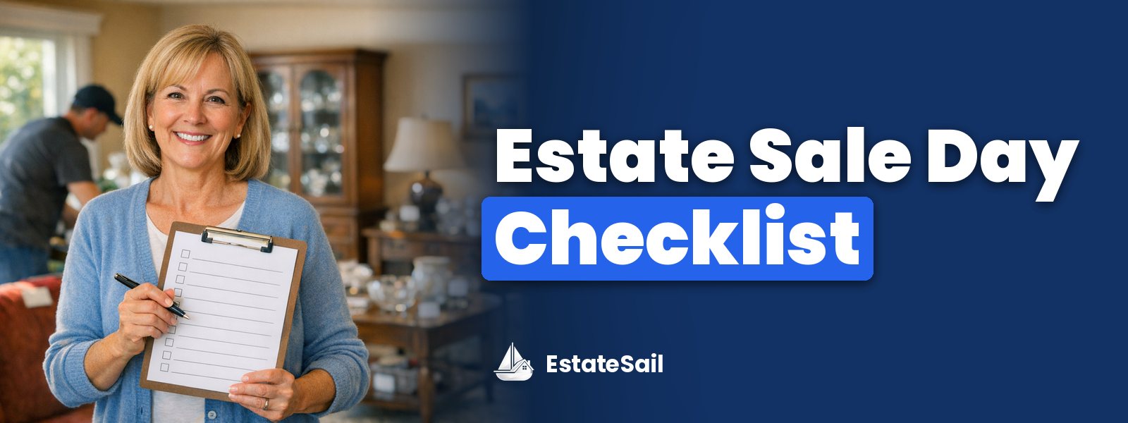 Estate Sale Day Checklist: estate sale manager with a clipboard checklist walking a sunny living room staged with tagged furniture, lamps and china