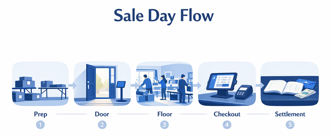 Sale day flow: Prep, Door, Floor, Checkout, Settlement