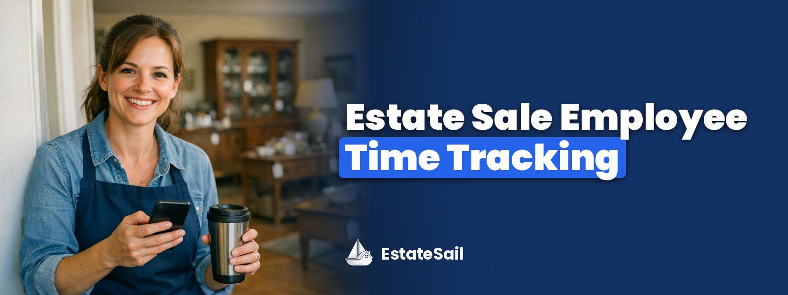 Estate sale employee time tracking: a smiling crew member in a navy apron clocks in on her phone at the front entry of a home set up for an estate sale with tagged lamps and a china hutch