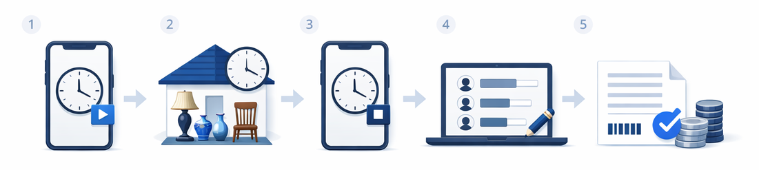 Team clock steps for estate sale crew hours: clock in on the phone, tag the time to the sale, clock out, review and edit hours in Team Activity, then review labor cost