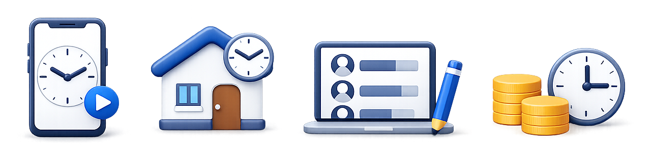 Icons for estate sale employee time tracking: a phone clocking in, work time tagged to the sale house, crew hours reviewed on a laptop, and labor cost from hours and hourly rate