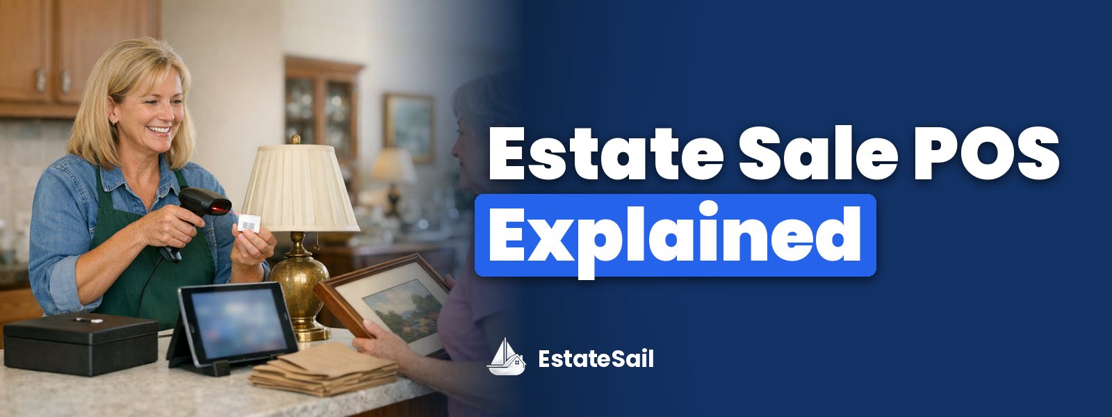 Estate Sale POS Explained: estate sale checkout table with a tablet on a stand, cash box and a crew member scanning a label on a table lamp