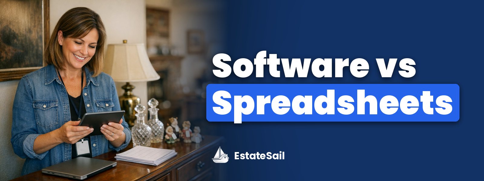 Software vs Spreadsheets: liquidator using a tablet at a sideboard with printed grid pages set aside next to tagged crystal and figurines