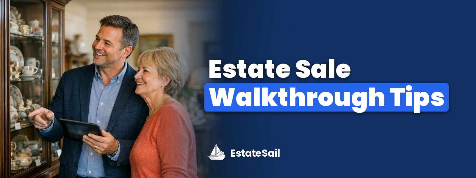 Estate Sale Walkthrough Tips: liquidator with a tablet walking through a home with the homeowner, looking at a china cabinet and antiques