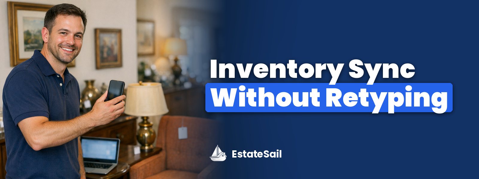 EstateSales.net inventory sync without retyping: crew member photographing a tagged mid-century armchair and lamp with a phone for inventory, laptop nearby