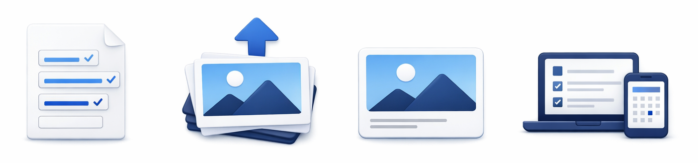 Auto-fill sale fields, upload photos, captions, and pre-sale setup icons
