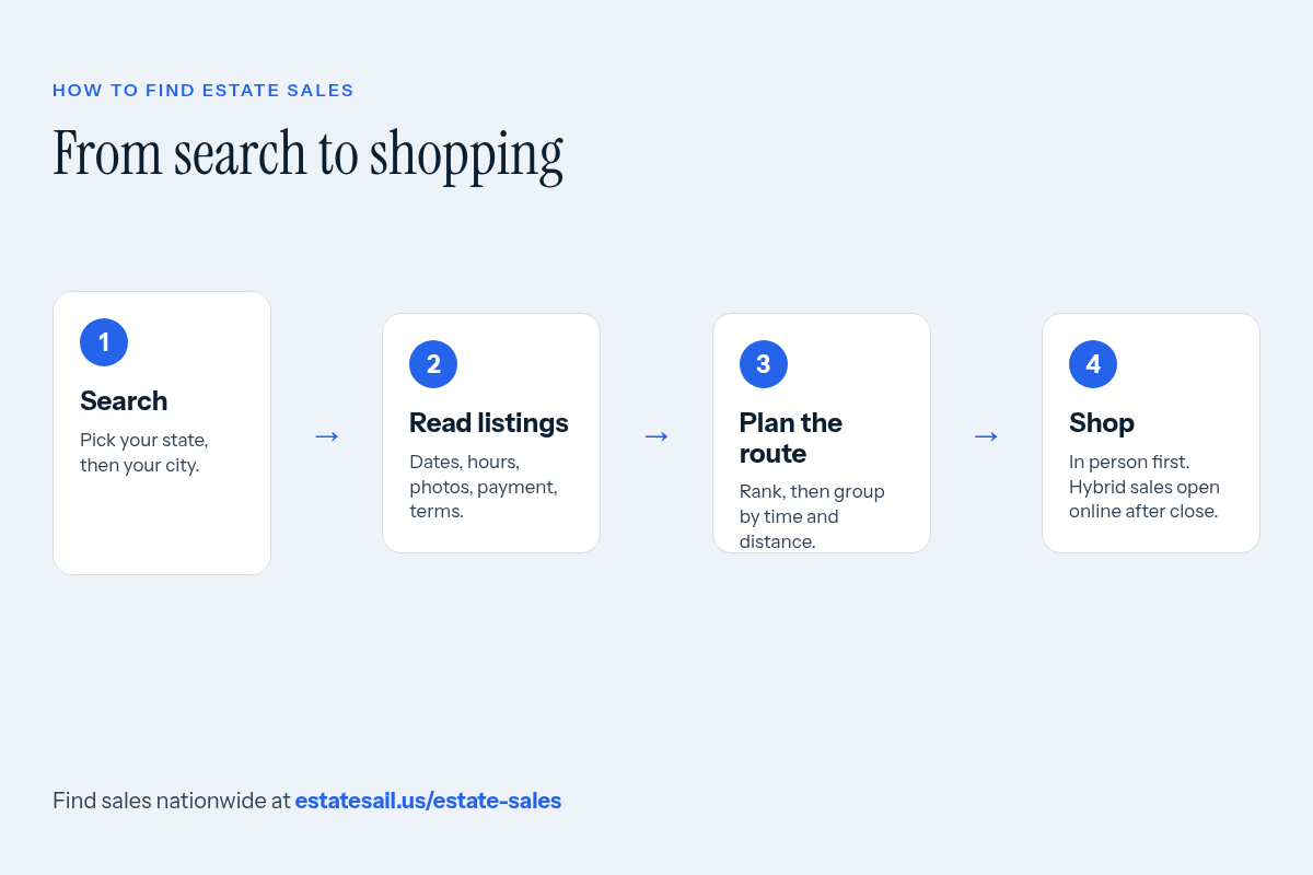 Shopper flow: search by state and city, read listings, plan the route, shop in person then online after close