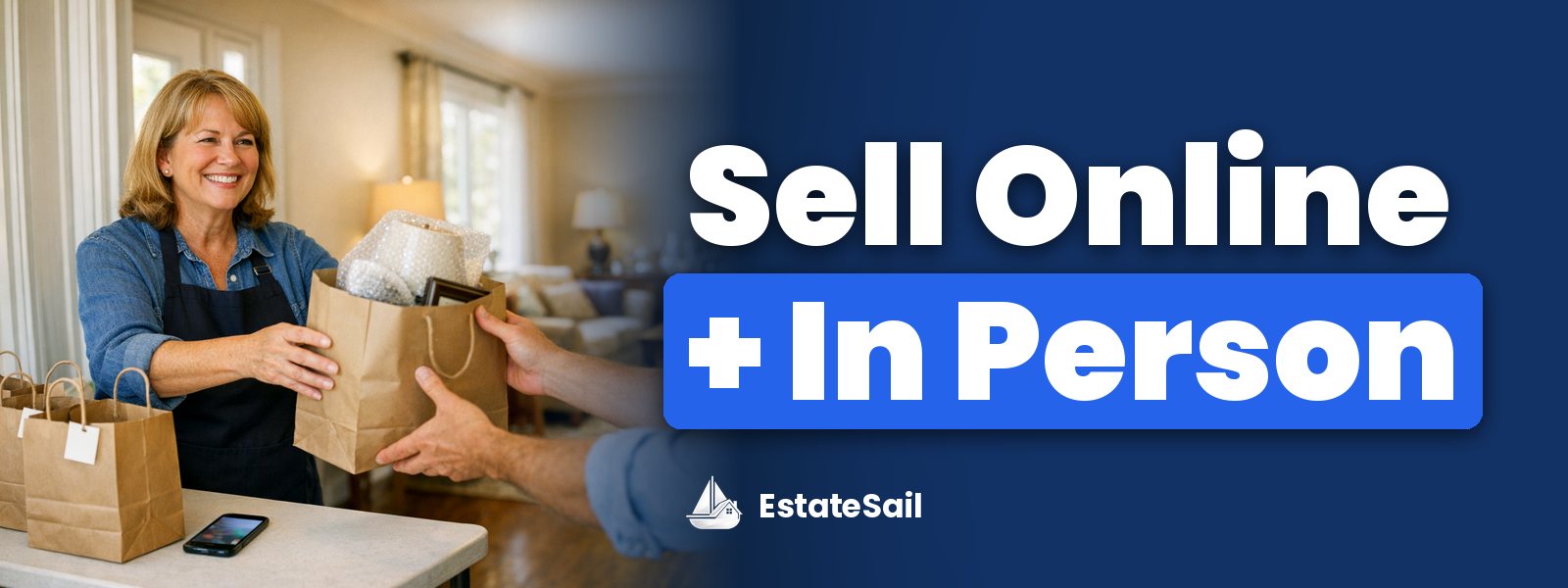 Sell Online + In Person: an estate sale liquidator hands a buyer a bagged lamp and framed print for pickup in a hybrid estate sale