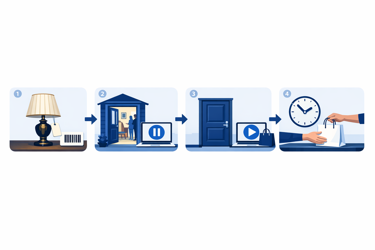 Hybrid sale flow from pre-sale setup, to floor hours with online buying paused, to reopening online after doors close, to a scheduled pickup window