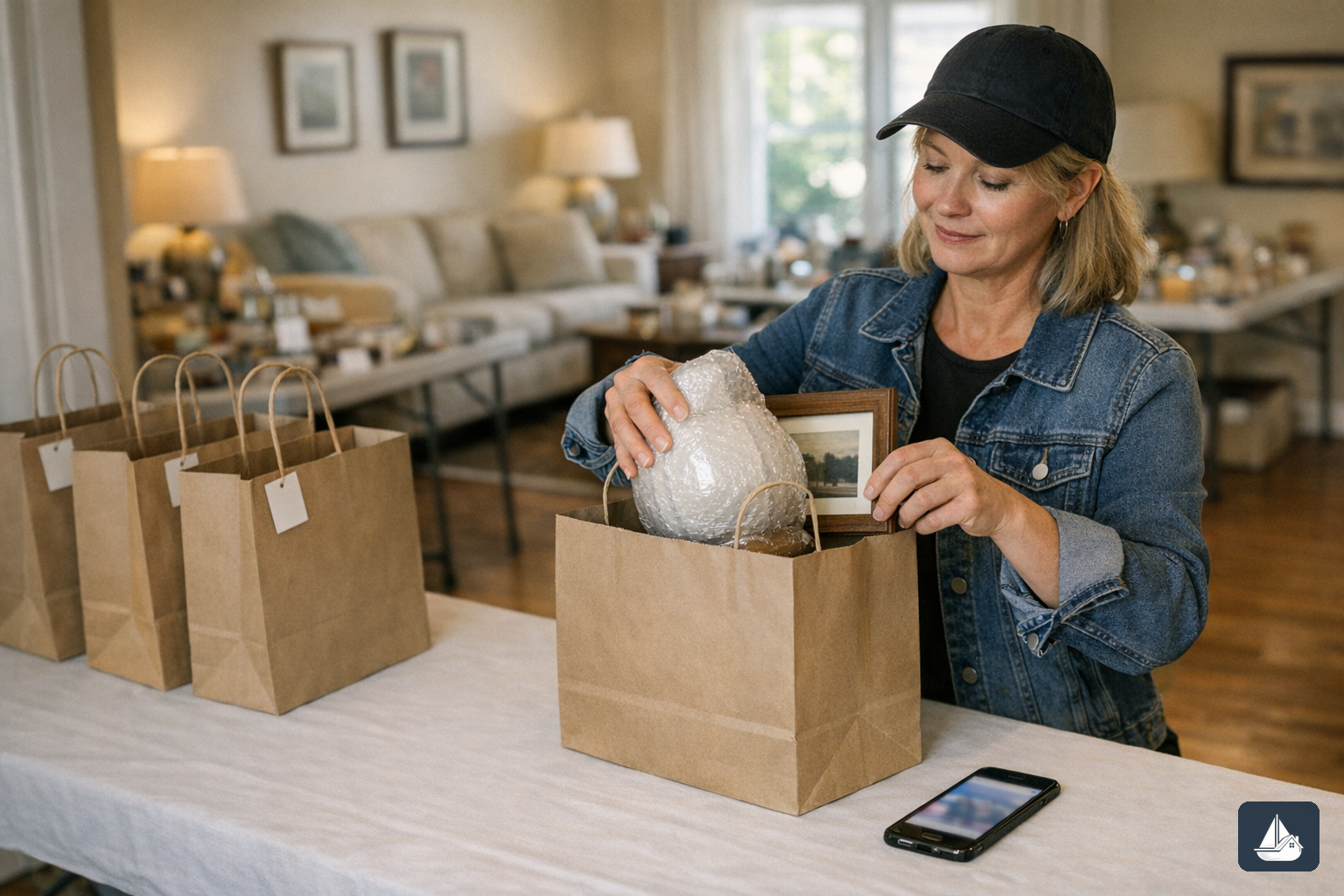Liquidator bagging a wrapped lamp and framed print for an online pickup order while the in-person sale floor waits in the background