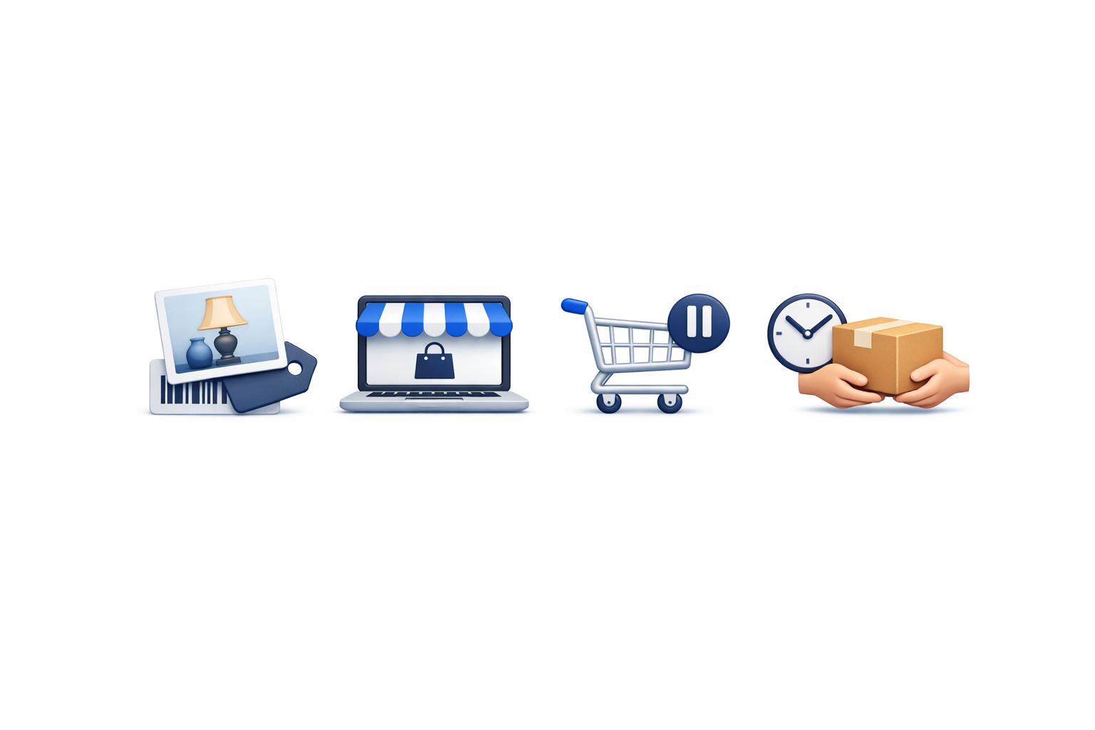 Icons for one shared inventory record, an online storefront, online buying paused, and a scheduled pickup window