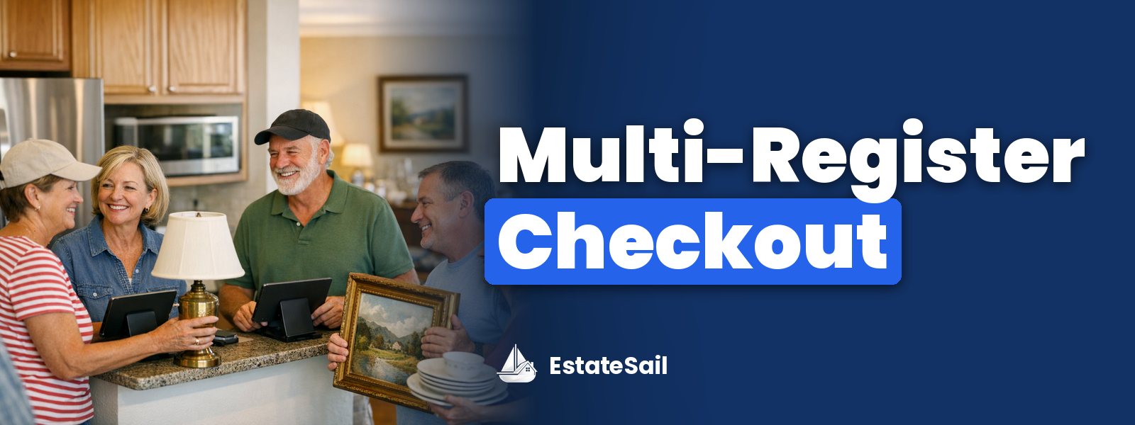Multi-Register Checkout: two estate sale checkout stations with crew and tablets serving shoppers carrying lamps, art and china