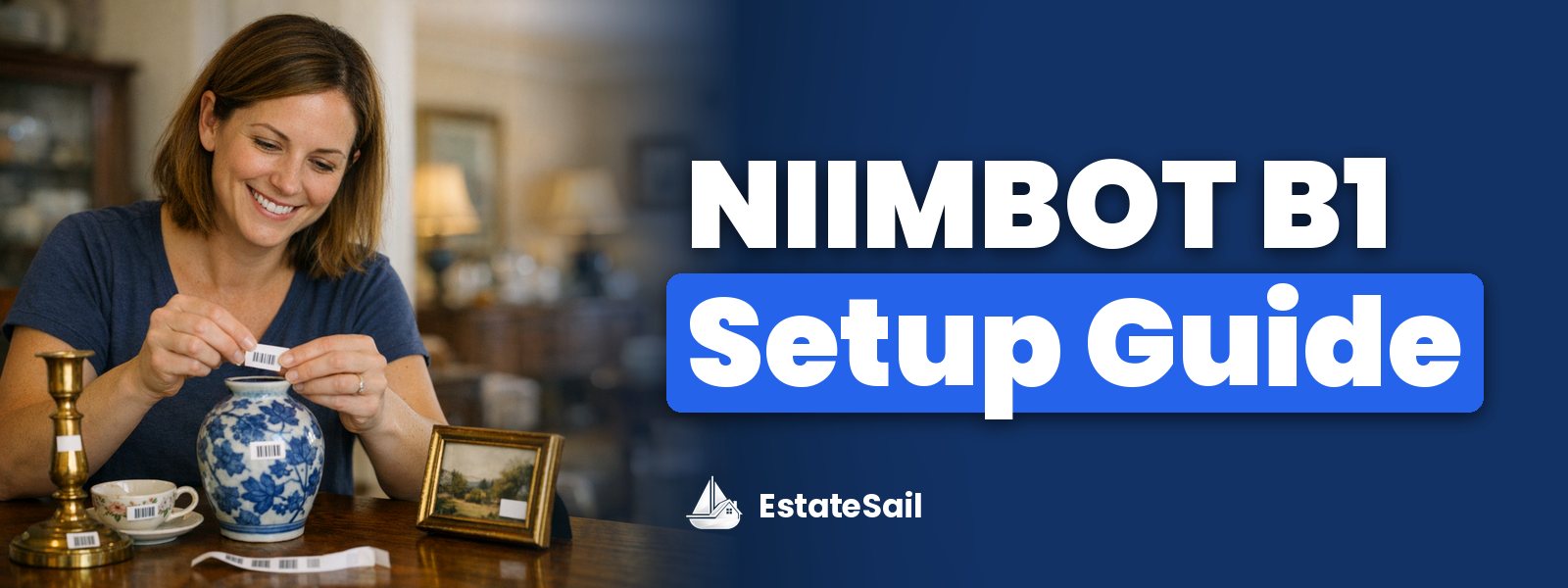 NIIMBOT B1 Setup Guide: crew member applying a small barcoded label to a ceramic vase at a pre-sale prep table of labeled items