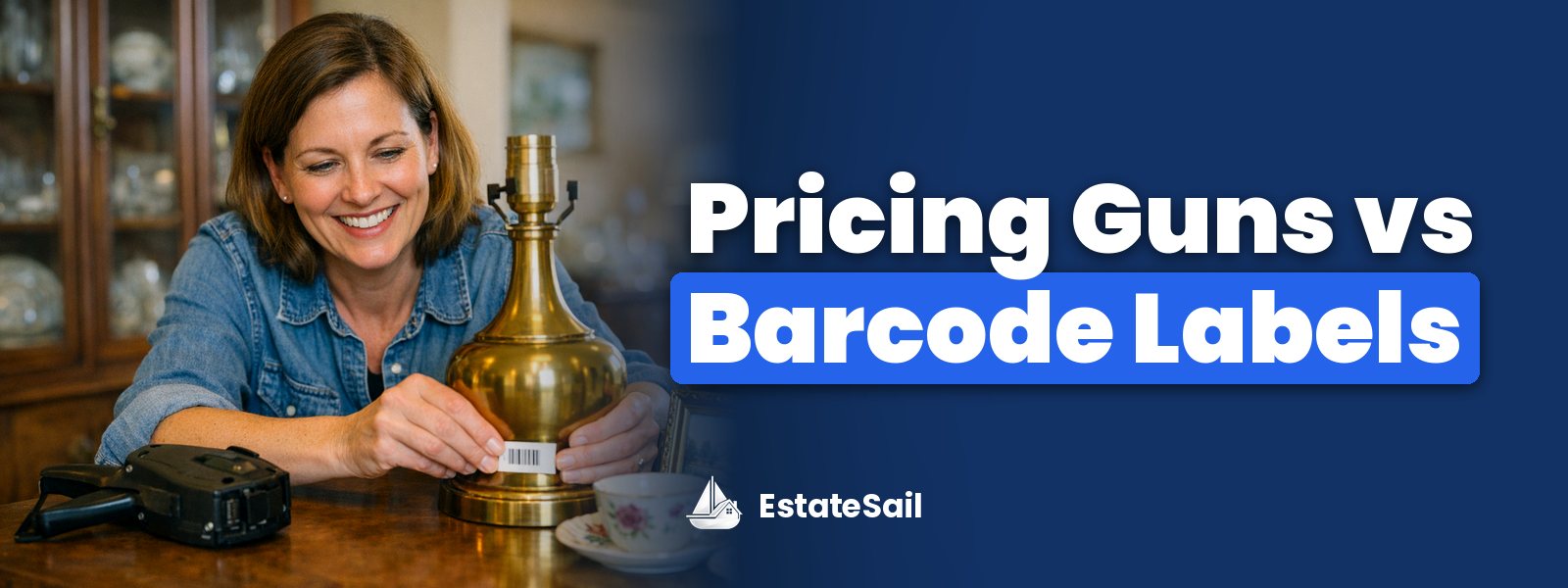Pricing Guns vs Barcode Labels: crew member sticking a barcoded label on a brass lamp base with an old pricing gun set aside on the prep table