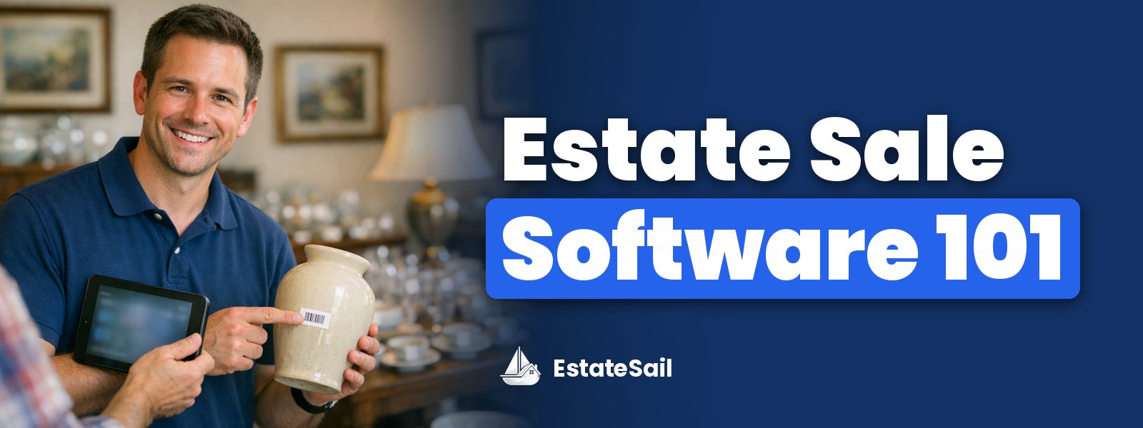 Estate Sale Software 101: estate sale crew member with a tablet checking a barcoded label on a ceramic vase in a dining room of tagged china and art