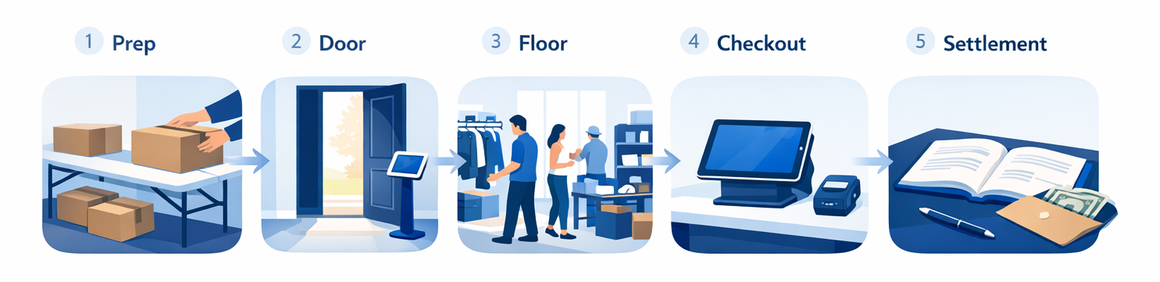 Sale day flow: prep → door → floor → checkout → settlement