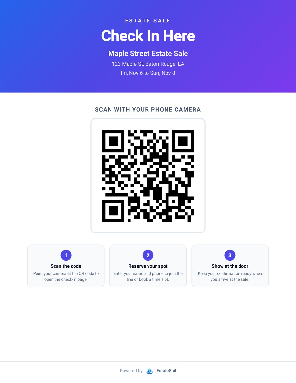 EstateSail Check In Here door poster with QR code