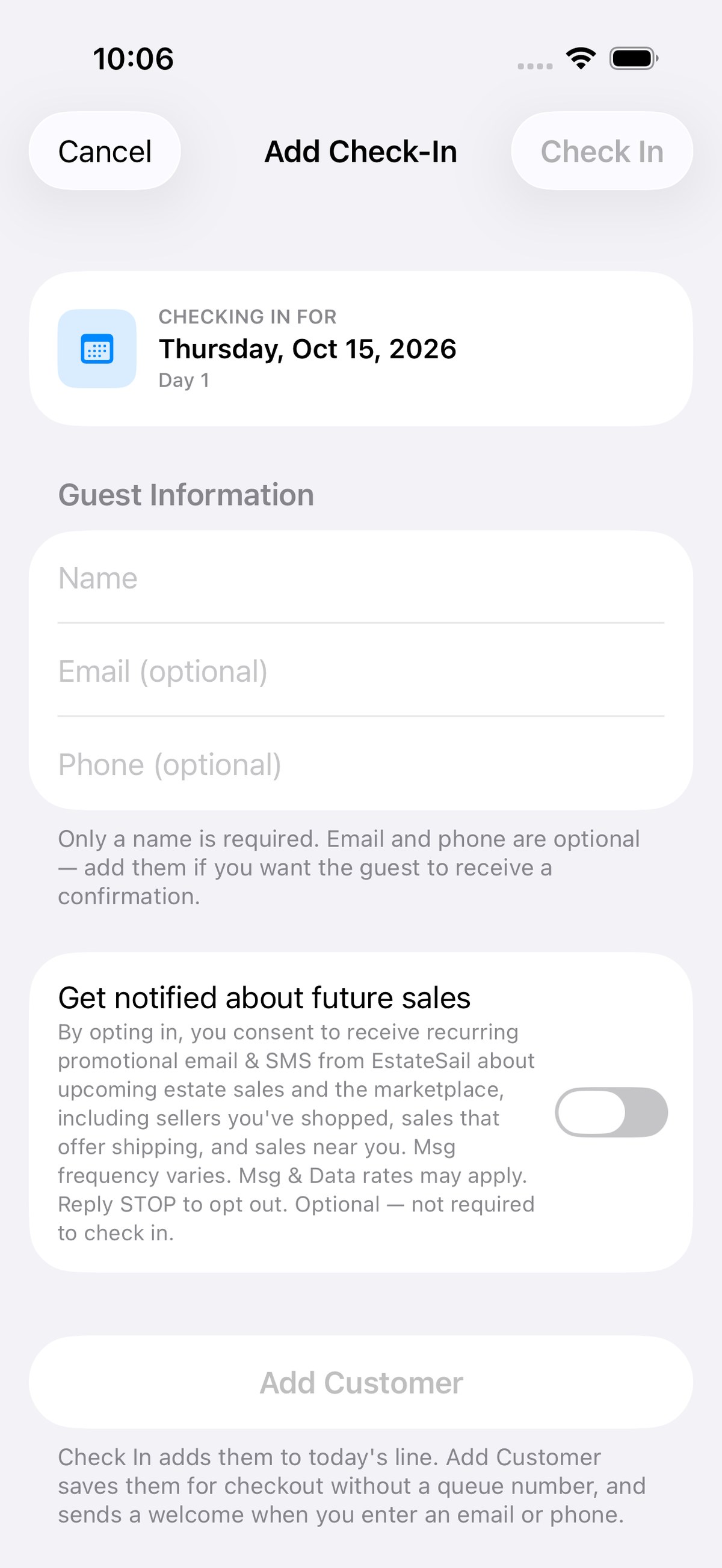 EstateSail Add Check-In sheet for walk-ins