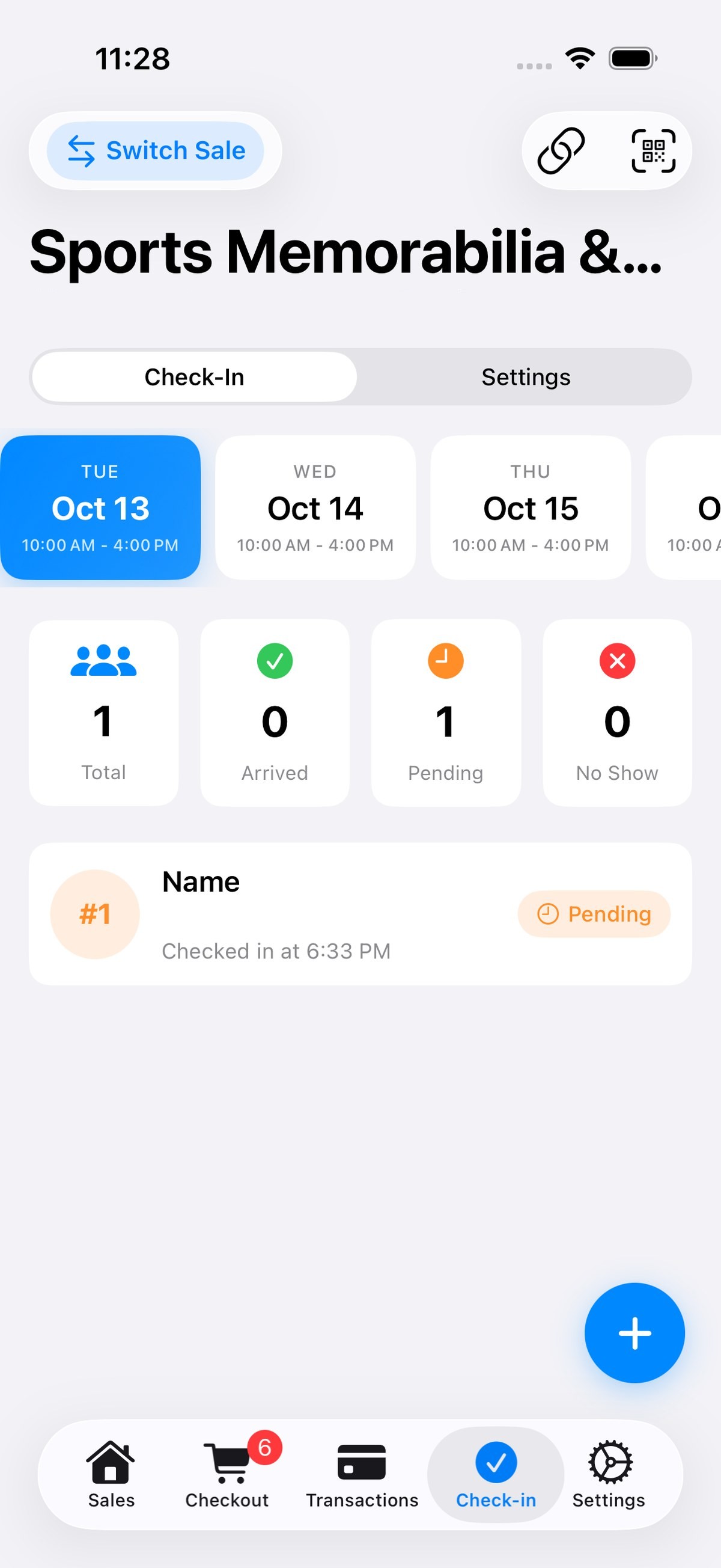 EstateSail iPhone Check-in tab with sale days and live counts