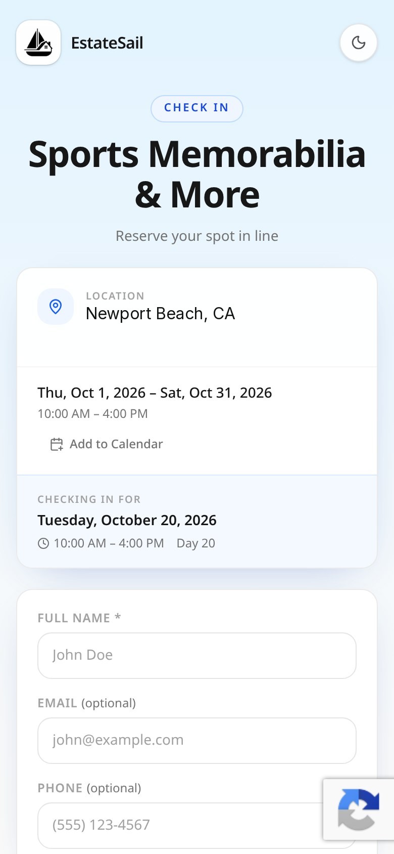 EstateSail public check-in page on a phone