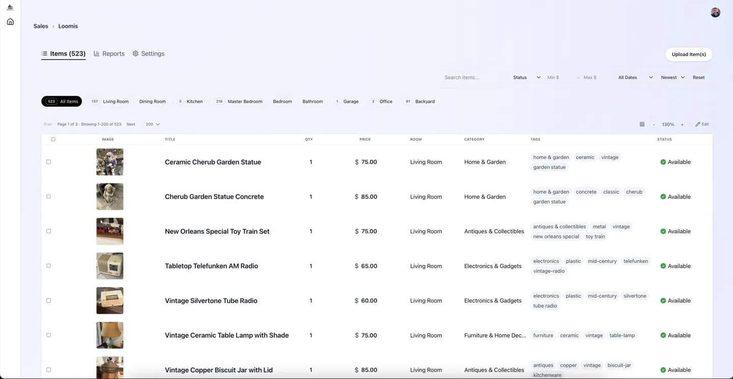 EstateSail inventory dashboard: rooms, prices and bulk edit