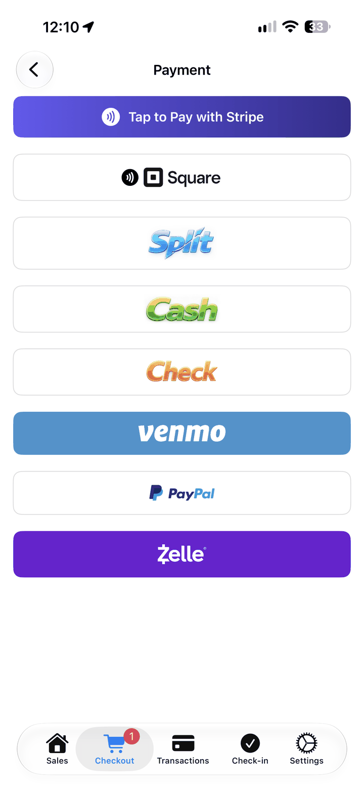 EstateSail iPhone Payment screen with Tap to Pay with Stripe, Square, Split, Cash, Check, Venmo, PayPal and Zelle