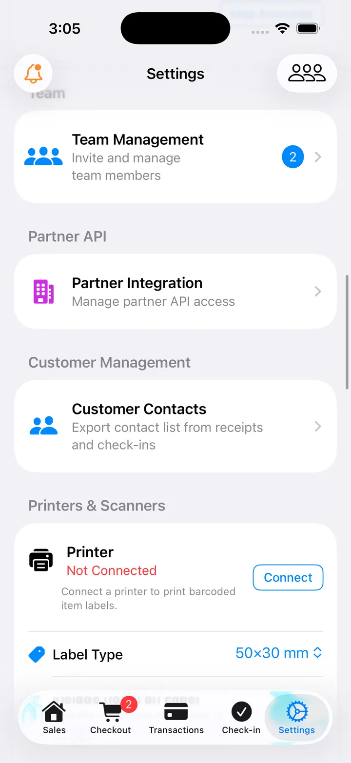 EstateSail iPhone Settings screen showing the Printers and Scanners section with Label Type 50x30 mm
