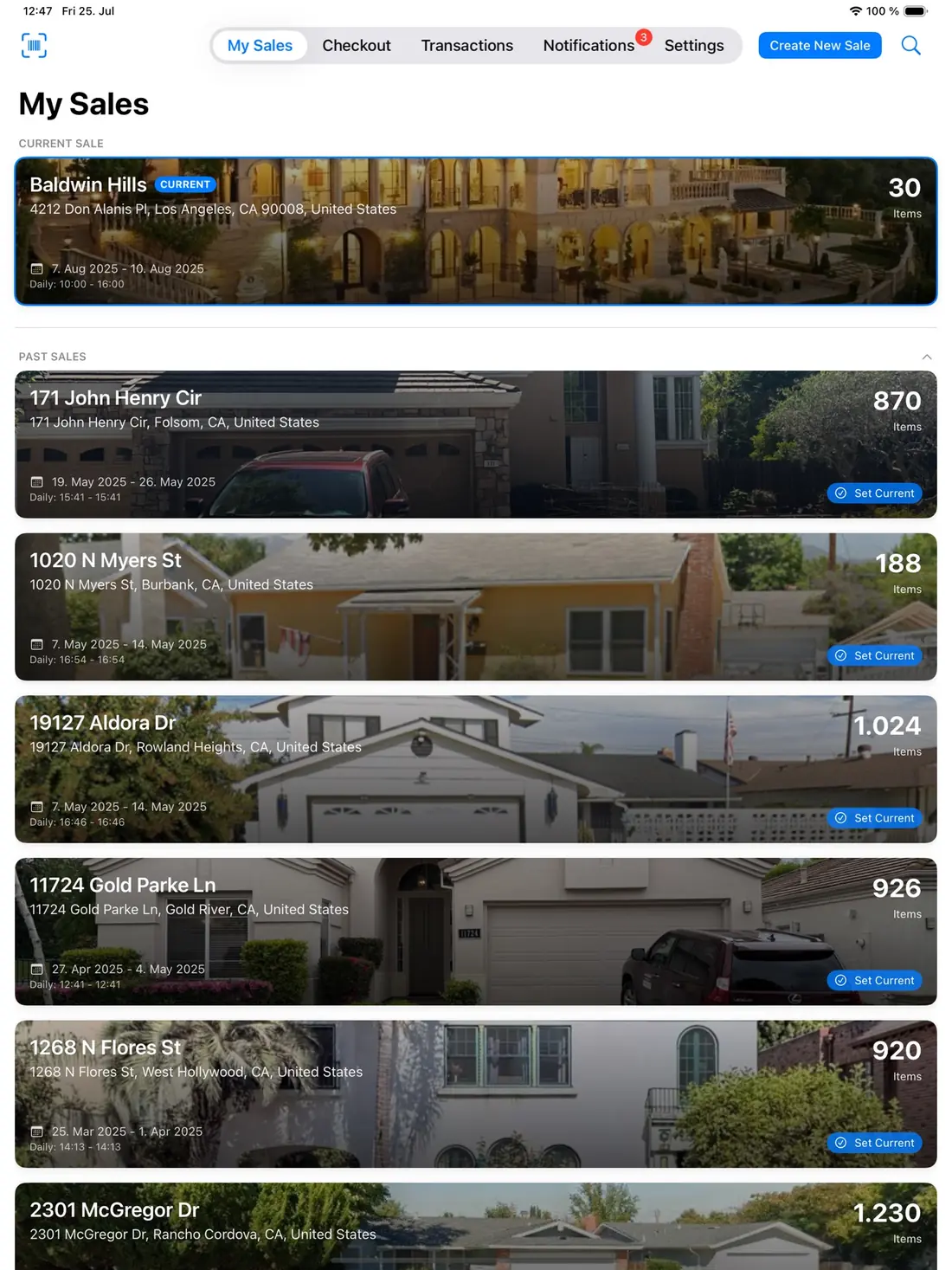 EstateSail sales dashboard on iPad showing current and past estate sales
