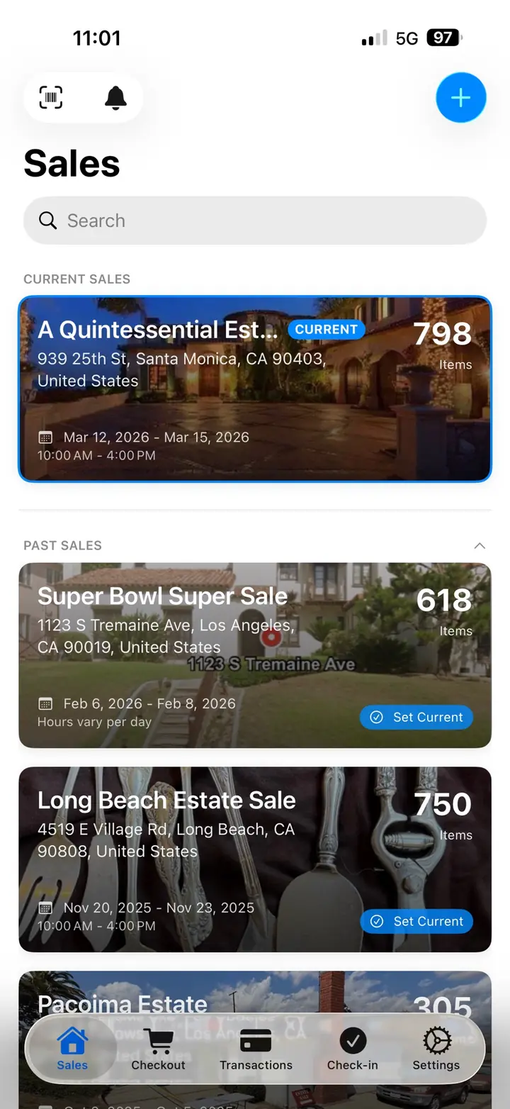 EstateSail sales list on iPhone, with upcoming and active sales