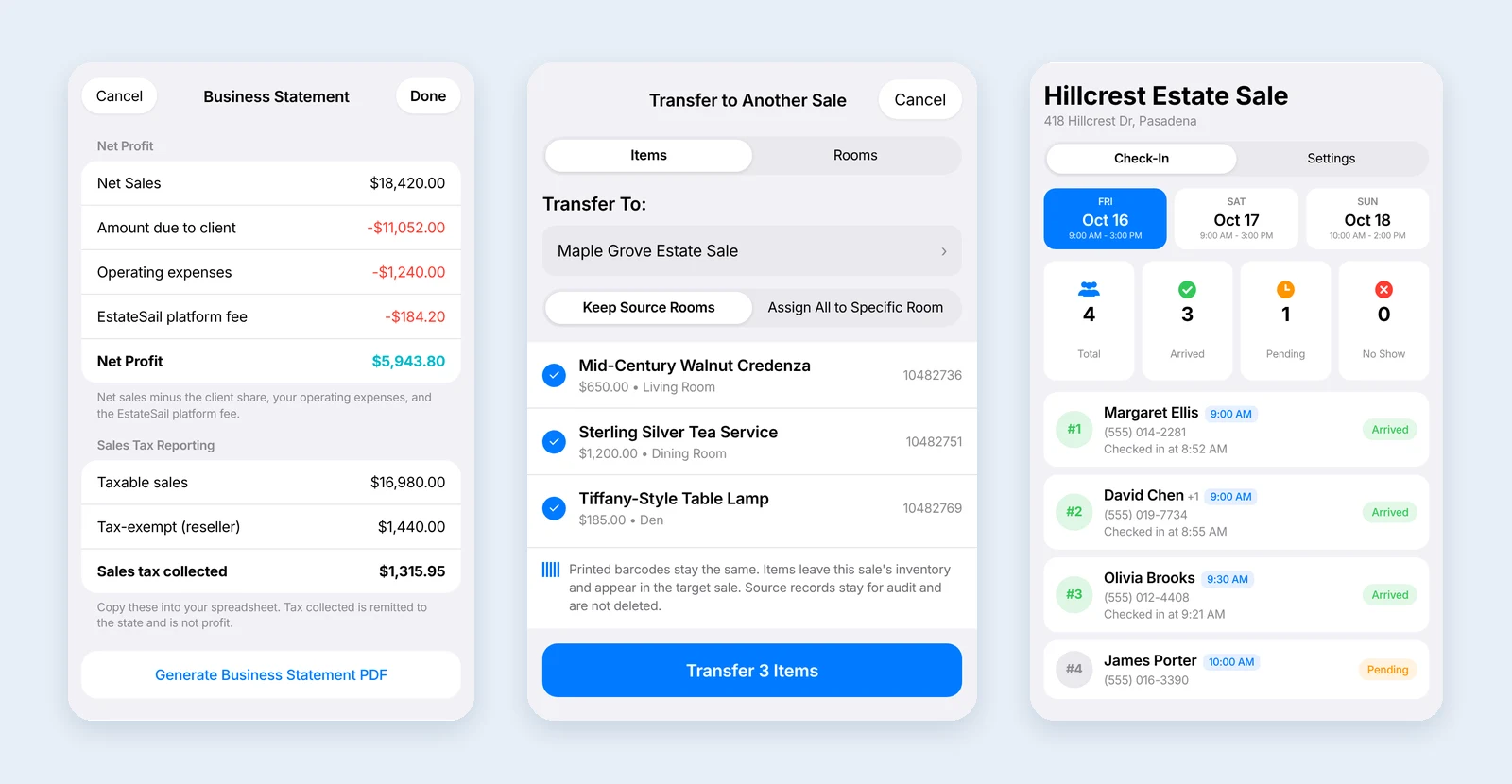 EstateSail 1.5.2: Business Statement, Transfer to Another Sale, and Check-in