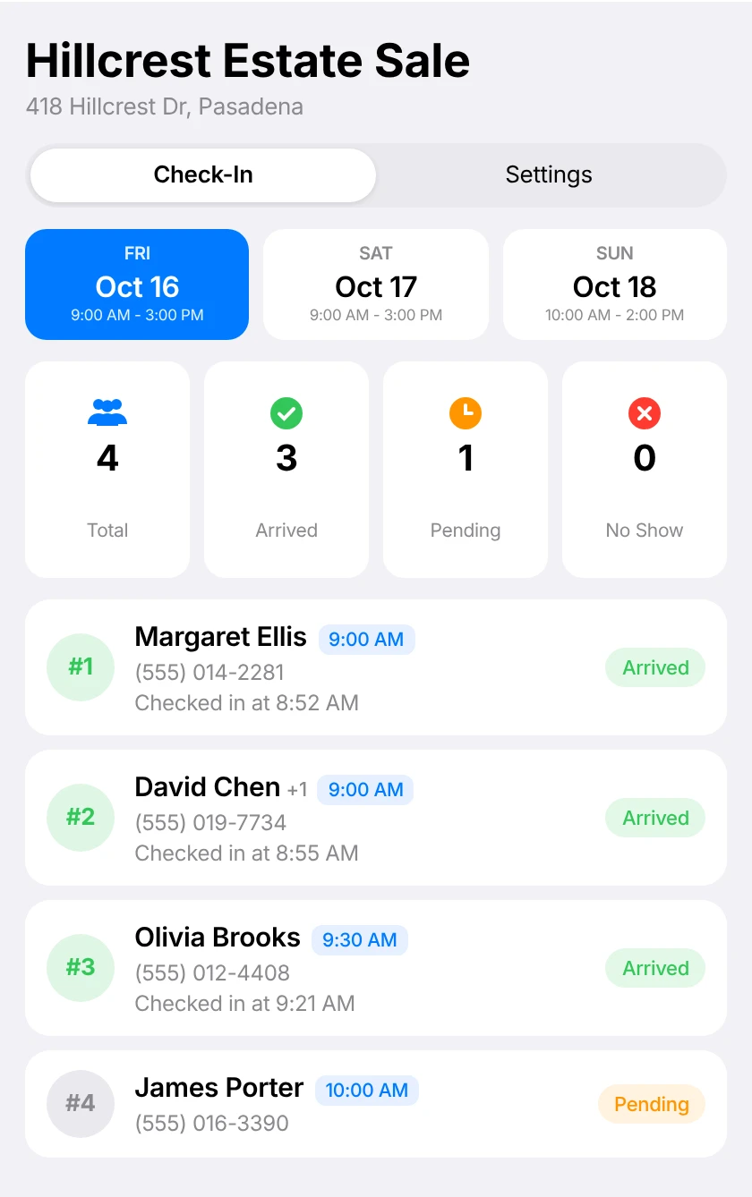 EstateSail shopper check-in with total, arrived, pending, and no-show counts and a booking with a plus-one