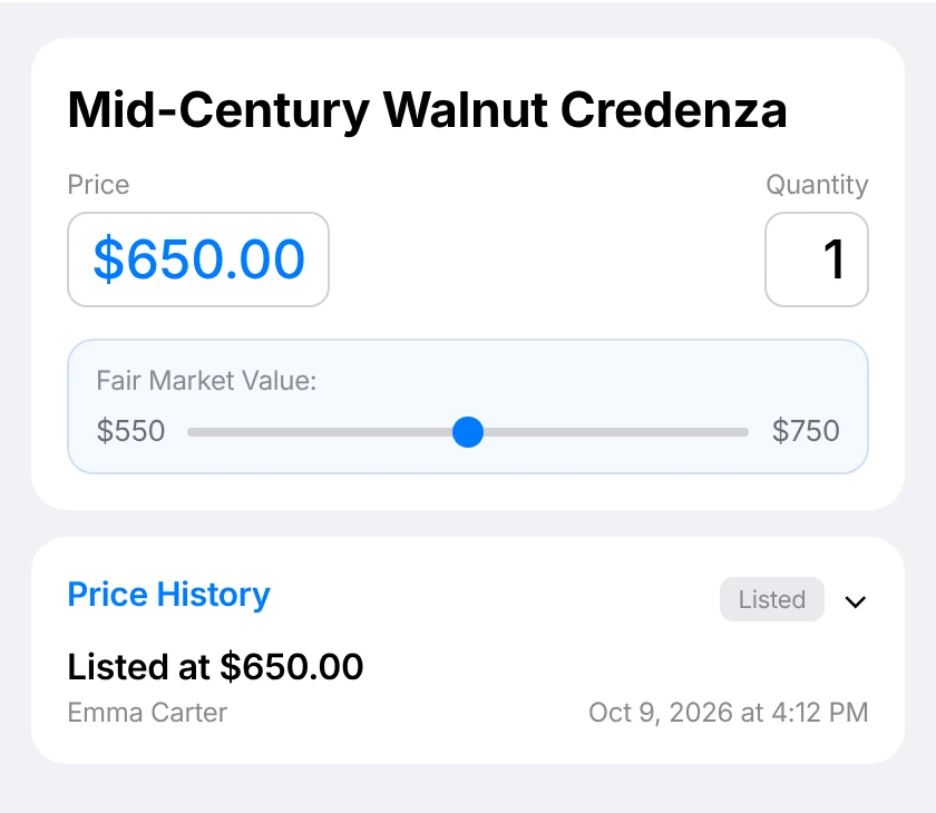 EstateSail item Price History starting with a Listed at entry
