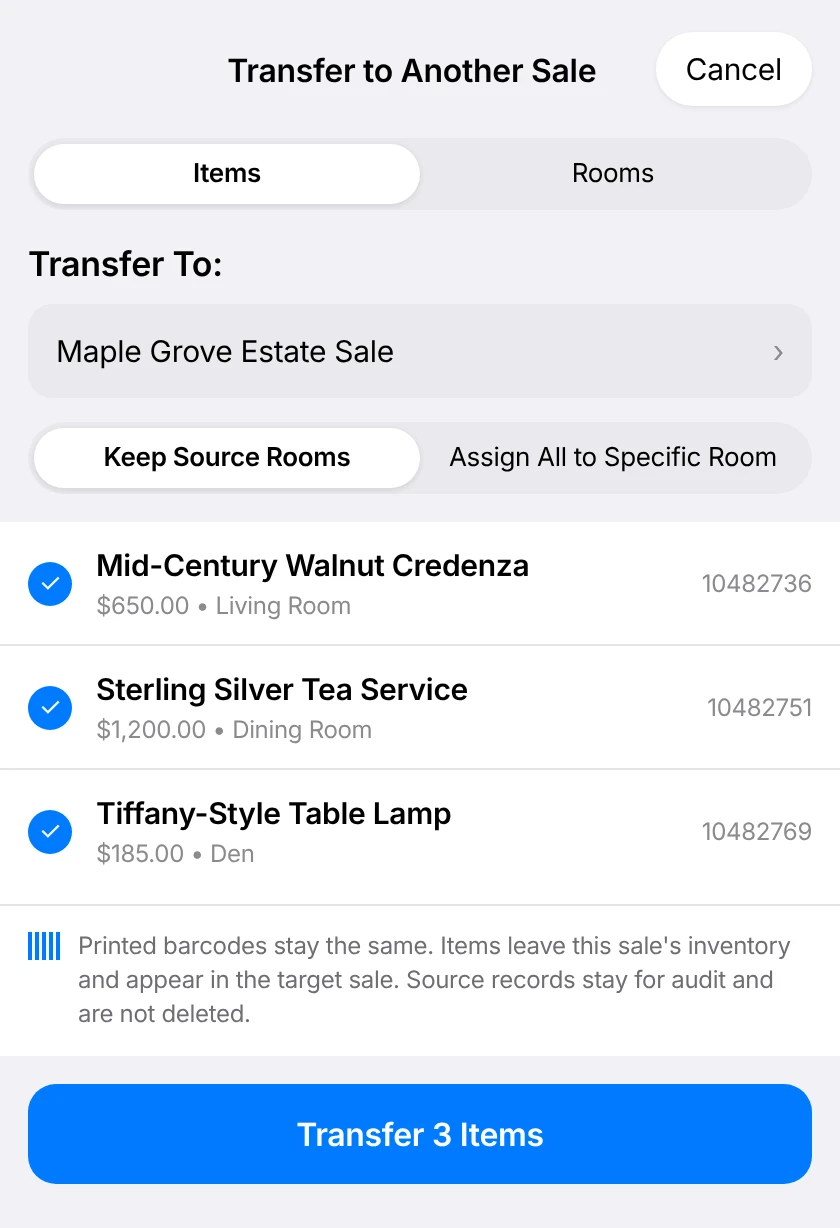 EstateSail Transfer to Another Sale screen noting that printed barcodes stay the same