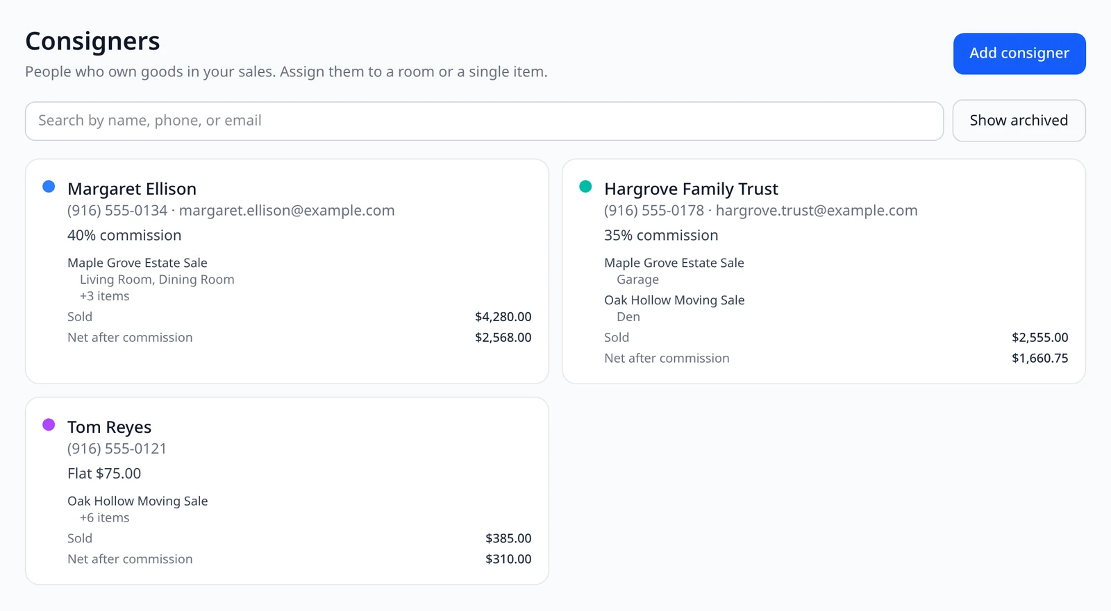 EstateSail Consigners page with consigner cards showing commission, sale, rooms, Sold, and Net after commission
