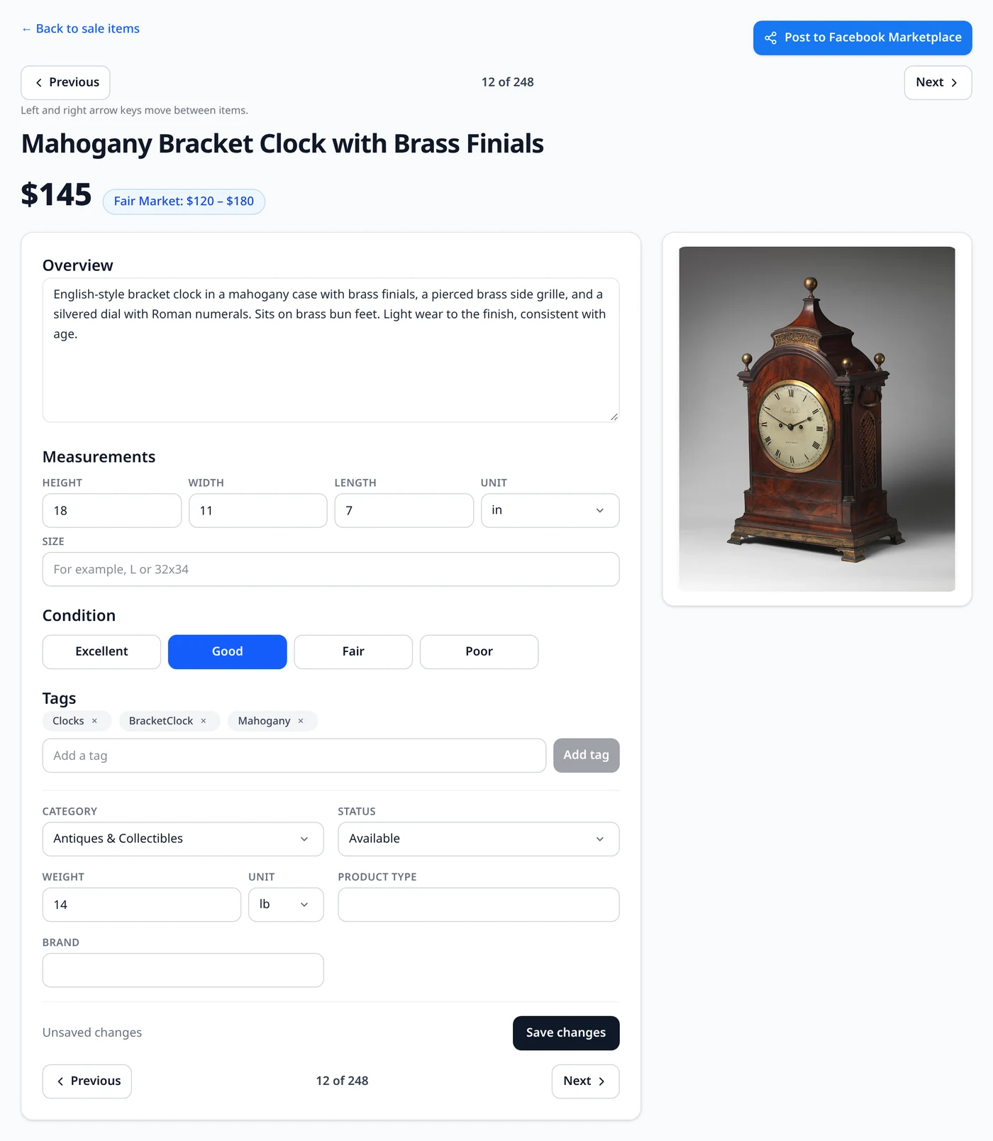 EstateSail item page on the web with editable title, price, overview, measurements, condition, tags, and Previous and Next buttons