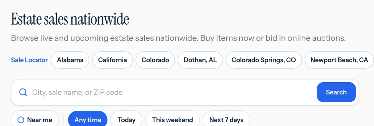 EstateSail marketplace search bar for city, sale name, or ZIP code with Near me, Any time, Today, This weekend, and Next 7 days filters