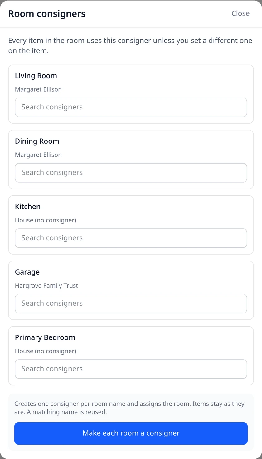 EstateSail Room consigners sheet listing each room with its consigner and a Make each room a consigner button