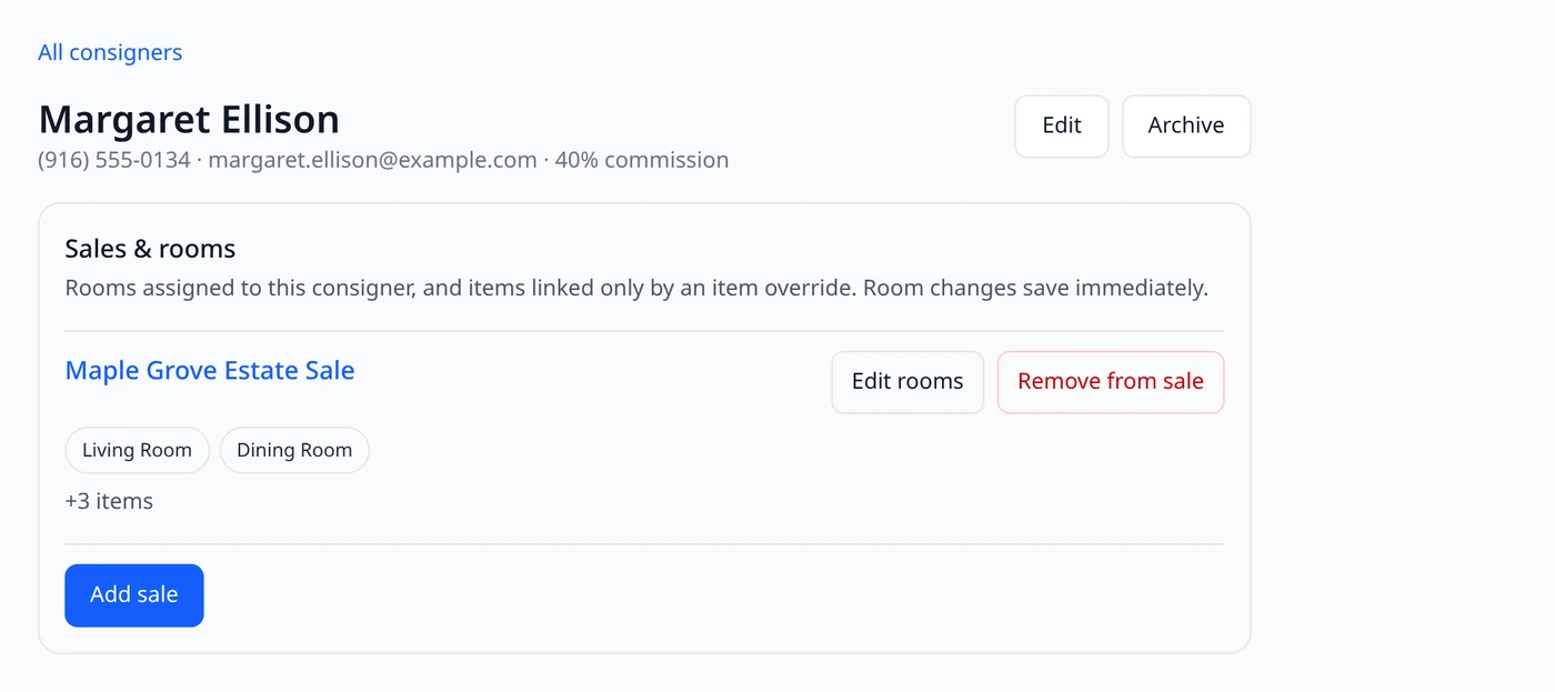 EstateSail consigner profile with the Sales and rooms section, room chips, and Edit rooms, Remove from sale, and Add sale buttons