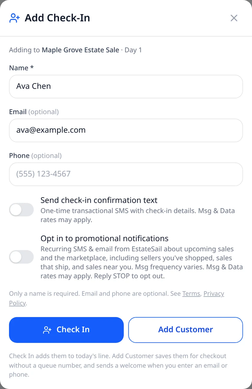 EstateSail Add Check-In form with Name, Email, and Phone fields and the Check In and Add Customer buttons