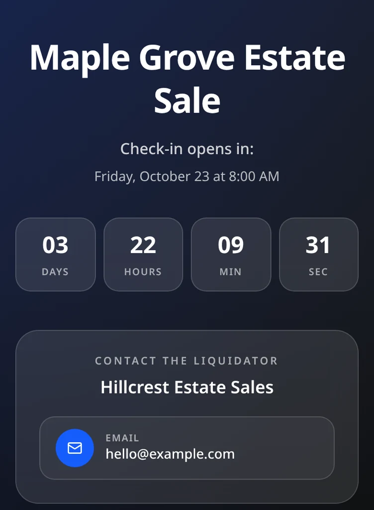 EstateSail public check-in page showing Check-in opens in: with a days, hours, minutes, and seconds countdown