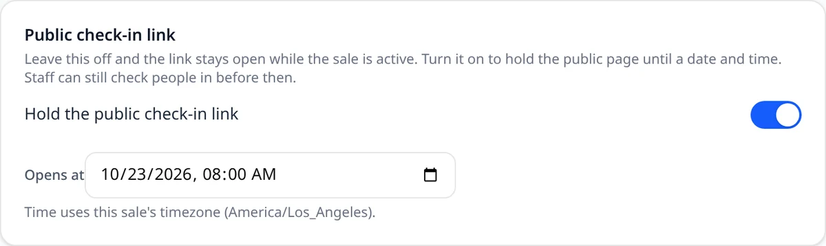 EstateSail Check-In Settings with Hold the public check-in link turned on and an Opens at date and time