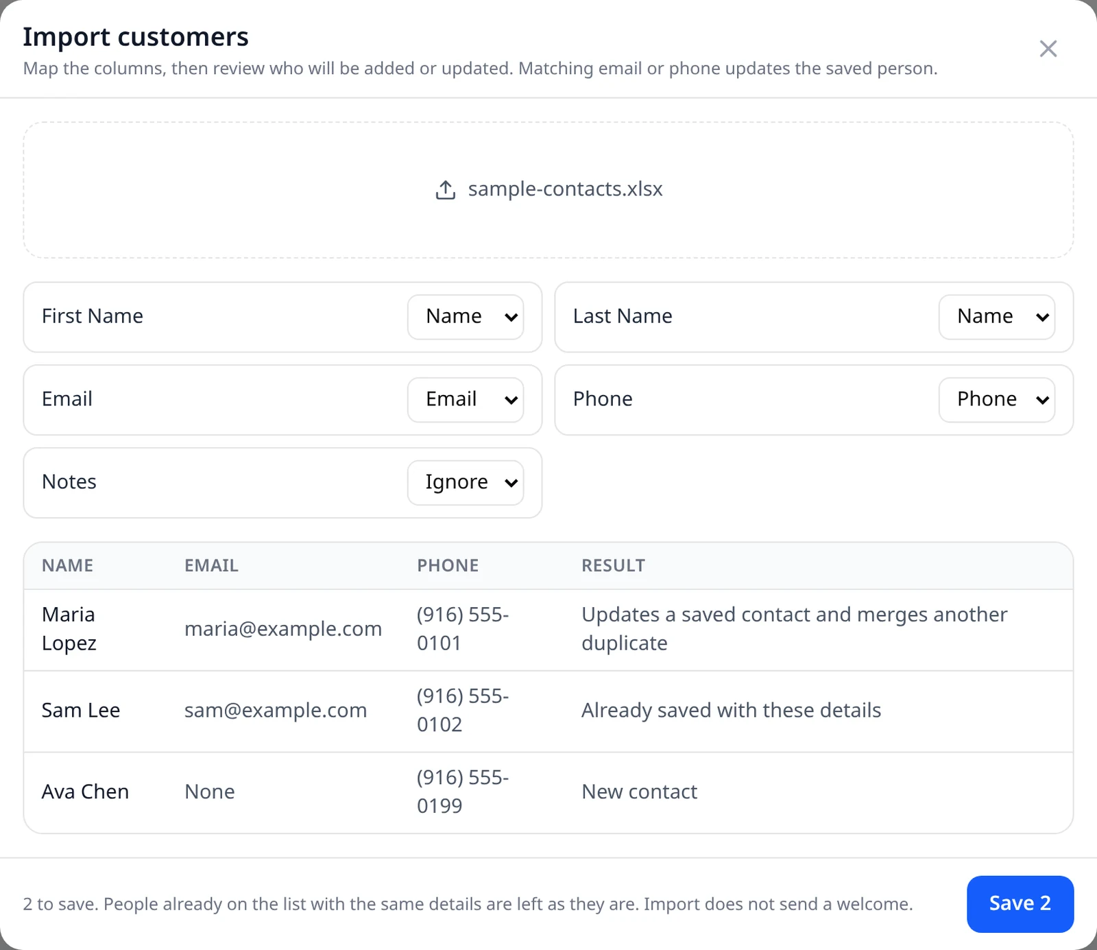 EstateSail Import customers screen with columns mapped to Name, Email, and Phone and a preview of new, updated, and already saved contacts