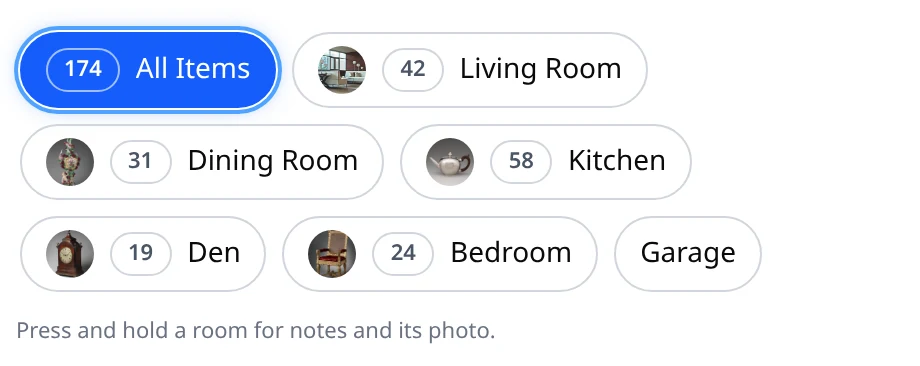 EstateSail Items page room chips, each with a small photo, item count, and room name
