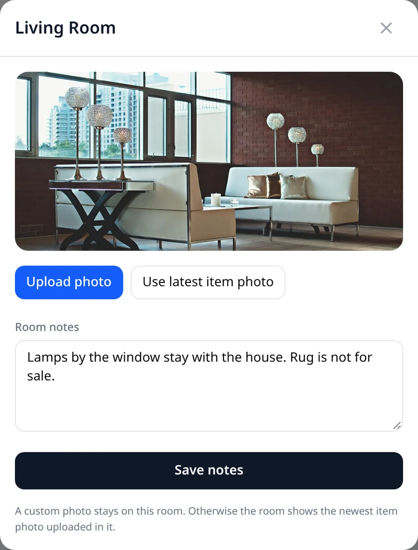 EstateSail room sheet with a room photo, Upload photo and Use latest item photo buttons, and room notes